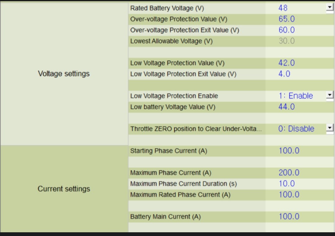 VEC500 motor controller parameter screen showing Battery Main Current set to 100 A
